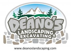 A logo for deano 's landscaping and excavating.