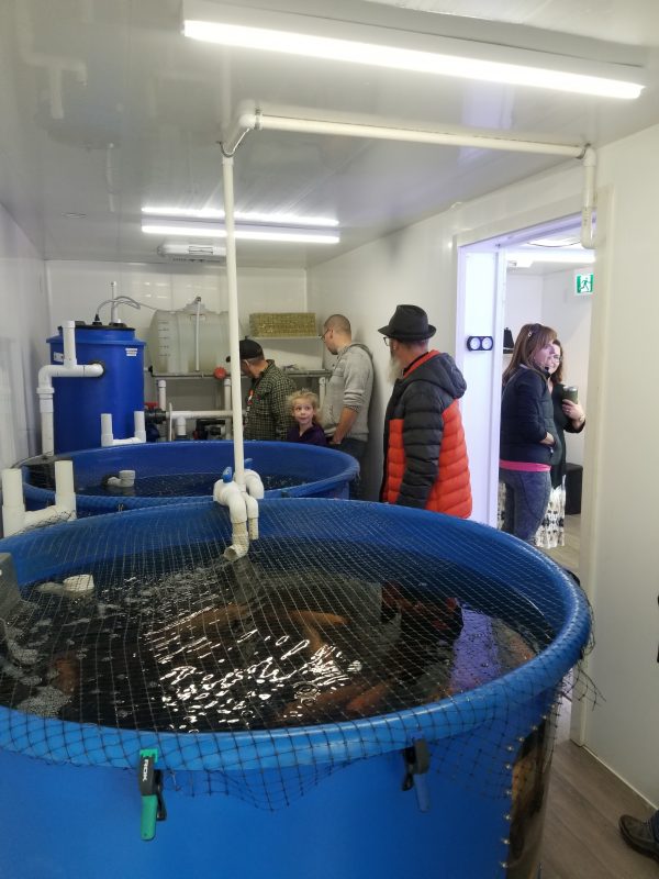 A group of people standing around in a room.