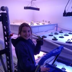 A girl in blue jacket standing next to some plants.