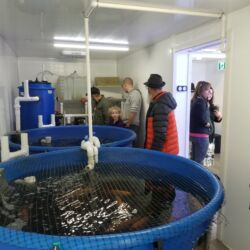 A group of people standing around in a room.